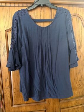 Women's Navy Blue Lace-Trim Peasant Top